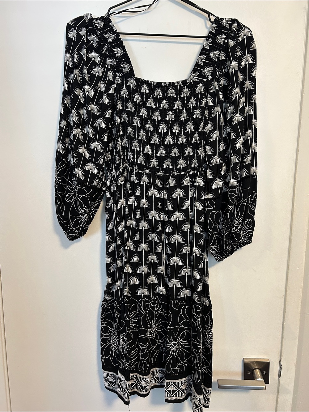 Black & White Smocked Midi Dress with Square Neckline